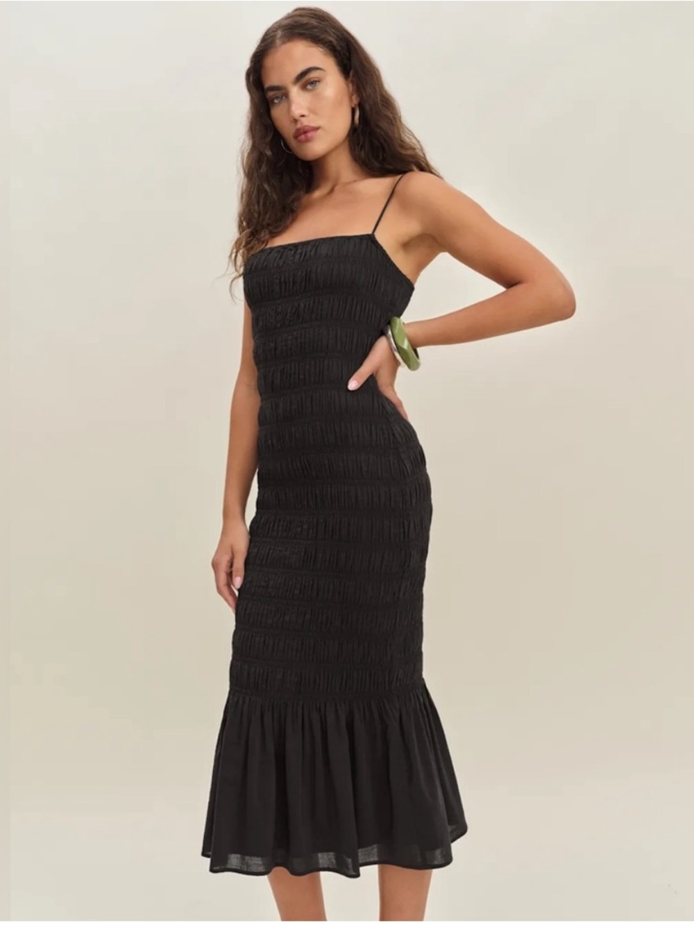 Reformation Seren Black Smocked Midi Dress